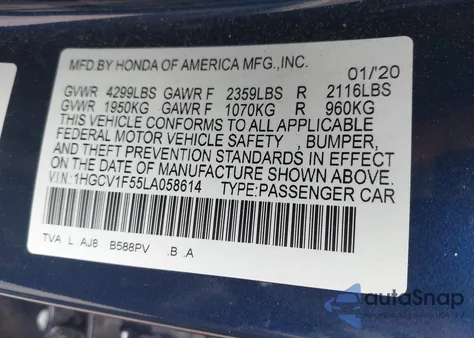 2020 Honda Accord Ex-L из США, поврежденный, VIN 1HGCV1F55LA058614